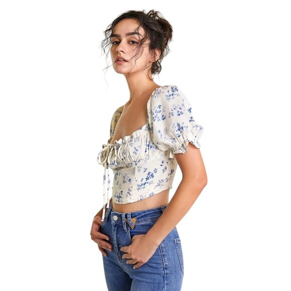 NWT J.ING Ivory Floral Print Square Neck Cropped Blouse - Picture 10 of 10